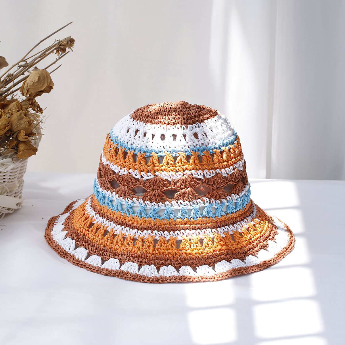 Bucket Hat Straw - Chapéu de balde artesanal feminino, multicolorido,